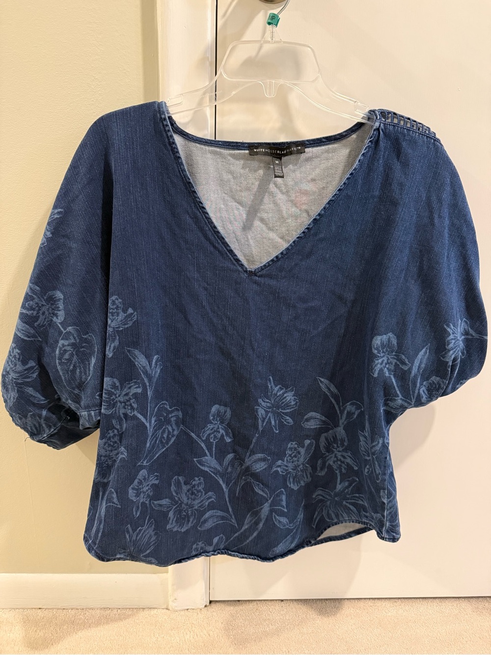White House Black Market Indigo Floral V-Neck Blouse